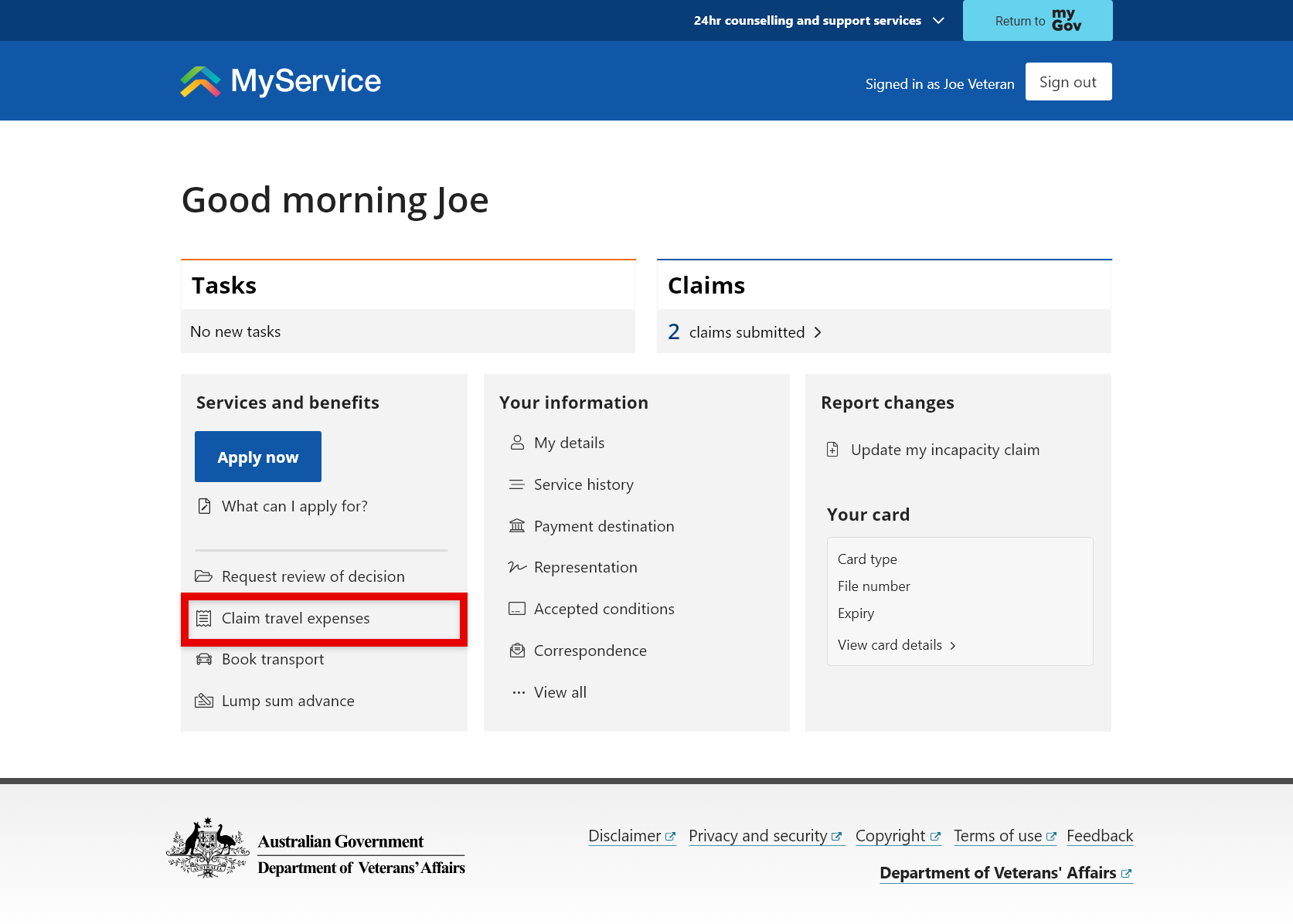 <br />
Screenshot of MyService home page showing 'Claim travel expenses' link selected.