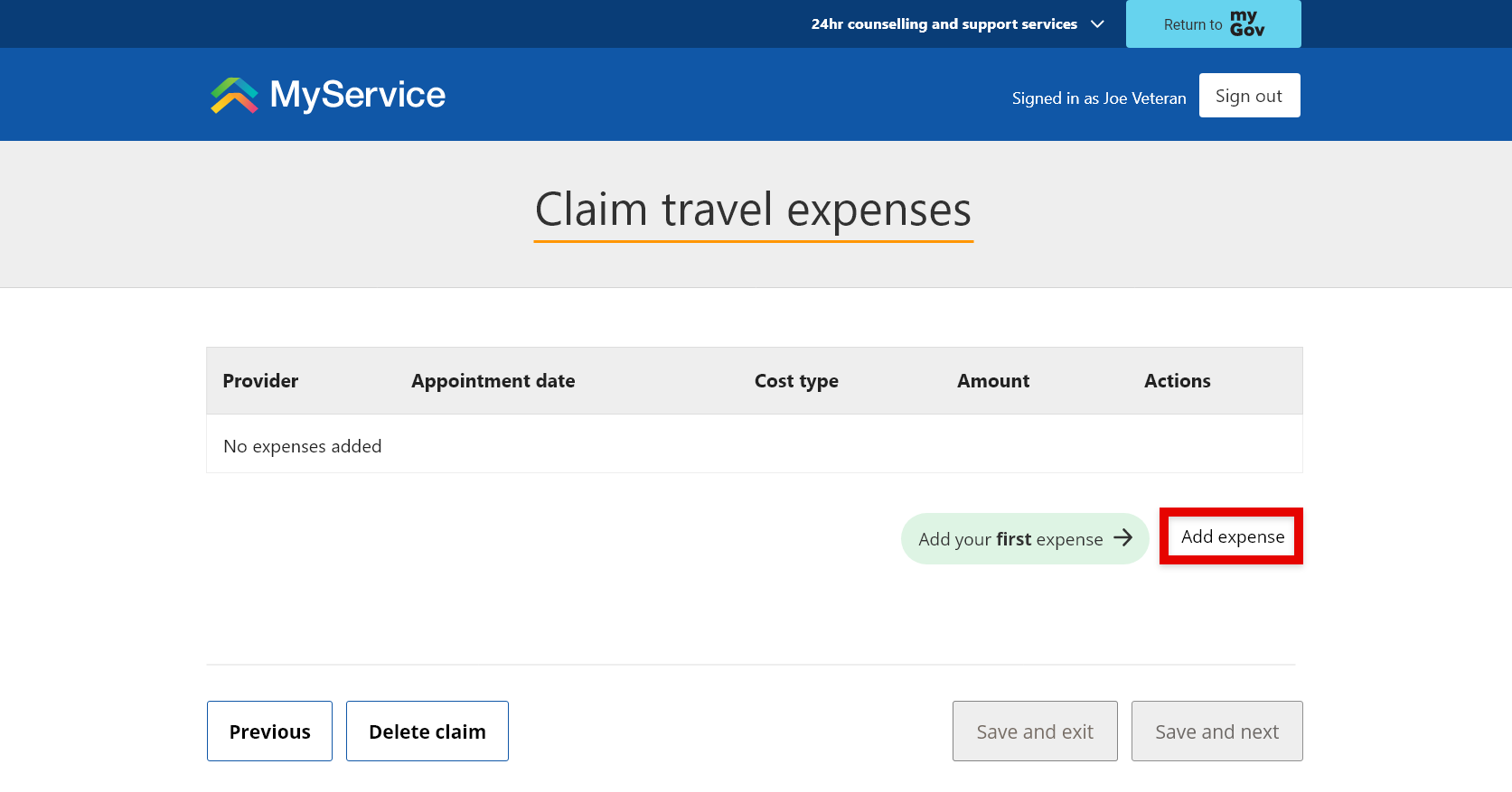 Claim travel expenses screenshot with new 'New claim' link selected.