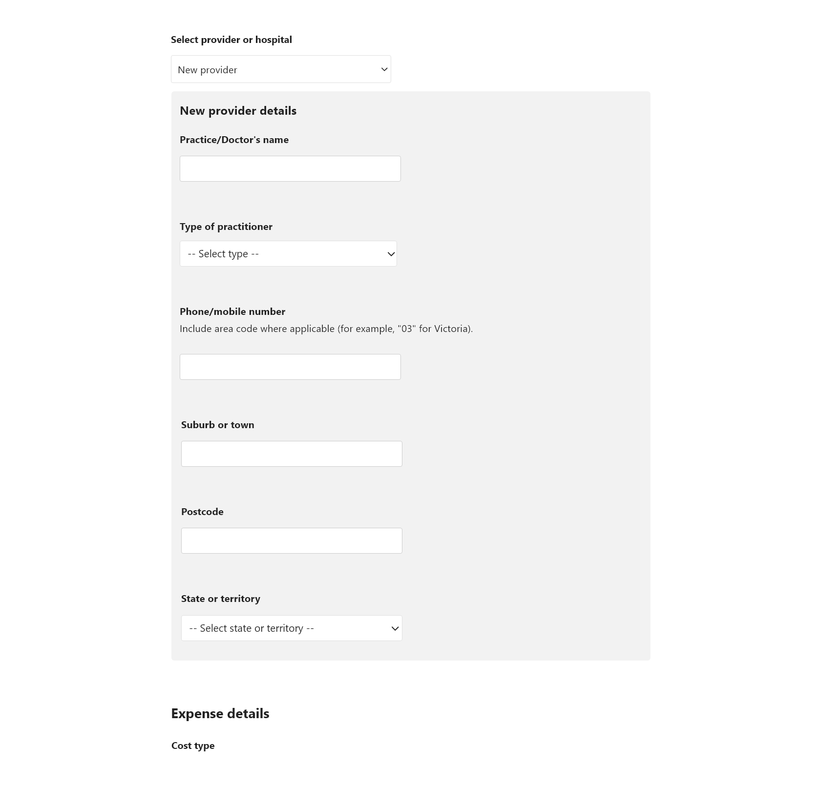 Screenshot showing provider's details fields