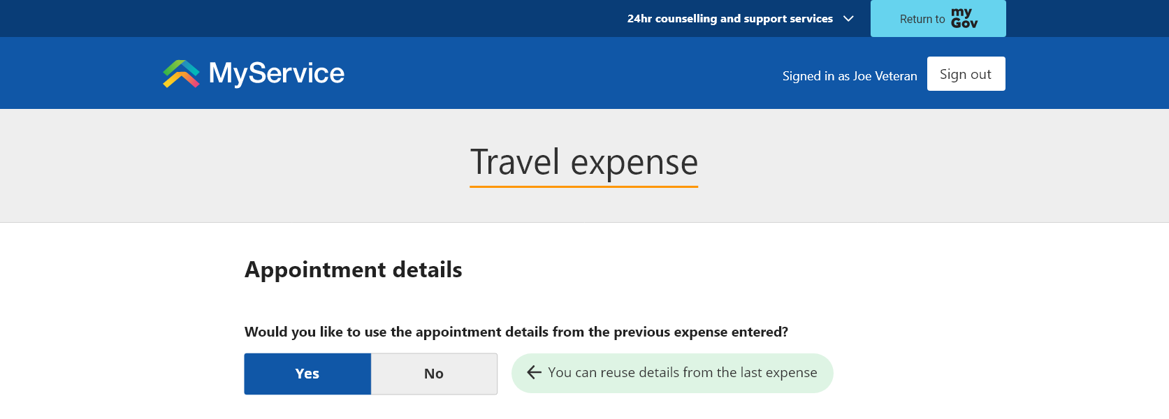 Appointment details screen. 'Yes' selected.