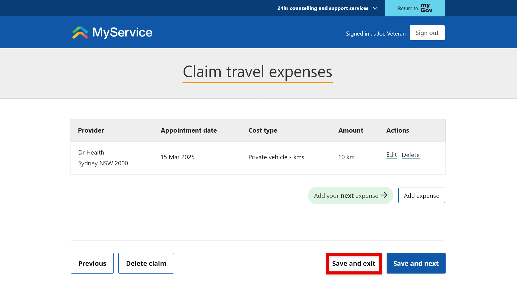 Claim travel expenses screen with 'Save and exit' option selected.