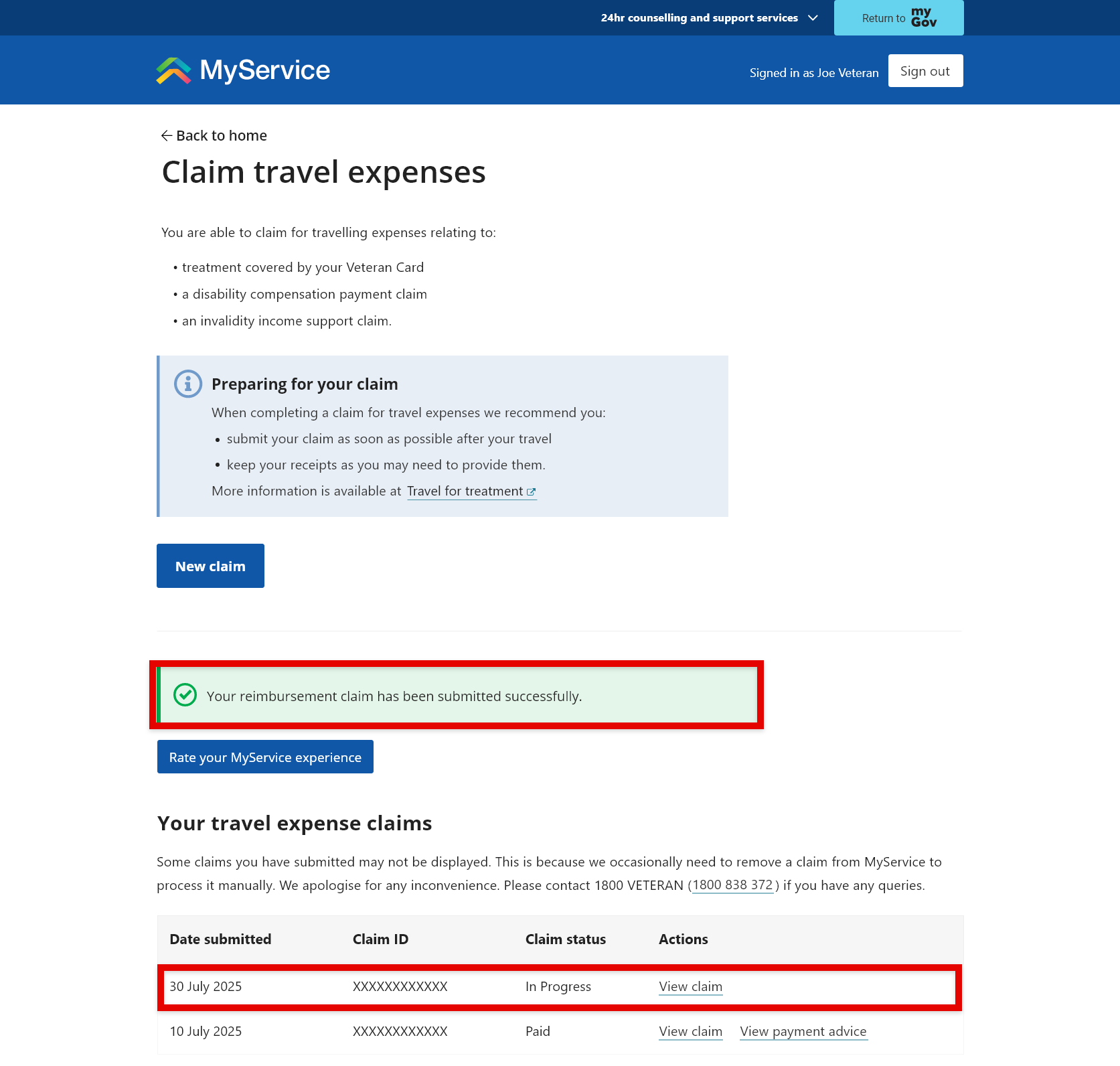 Claim travel expenses screen.