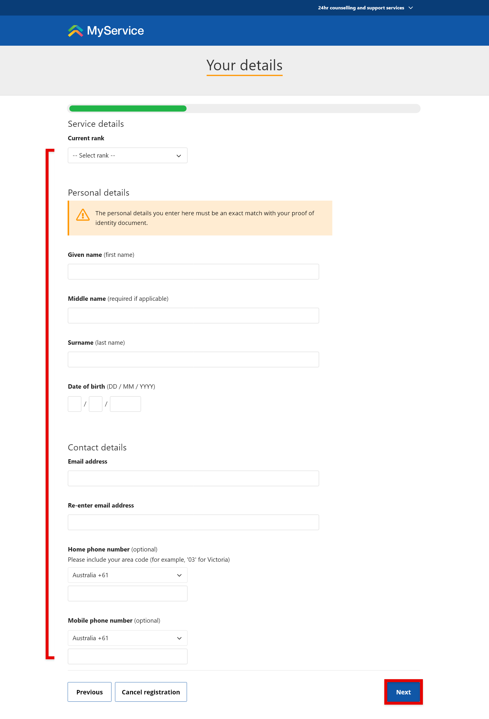 Screenshot showing how to enter your details and select Next.