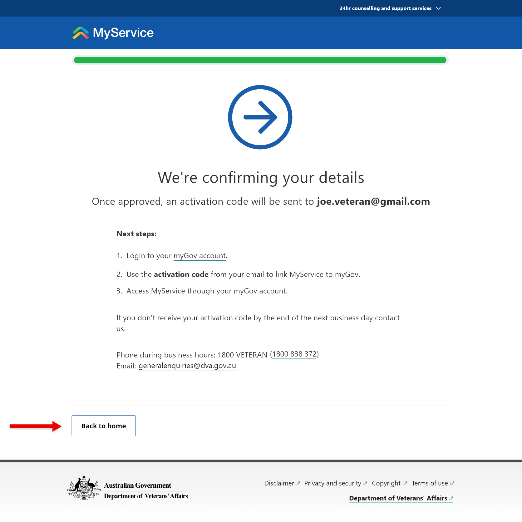 Screenshot showing the details confirmation page