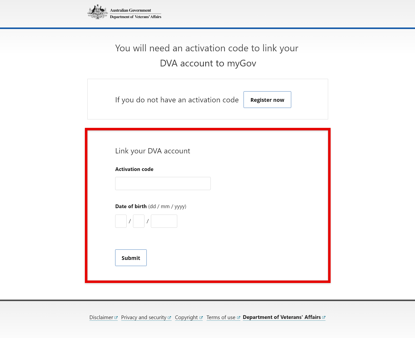 Screenshot showing the activation code, the date of birth fields and the Submit button.