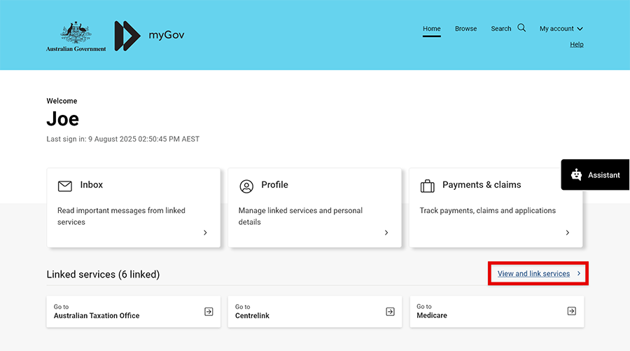 Screenshot of the Sign in to myGov page with 'View and link services' link selected.
