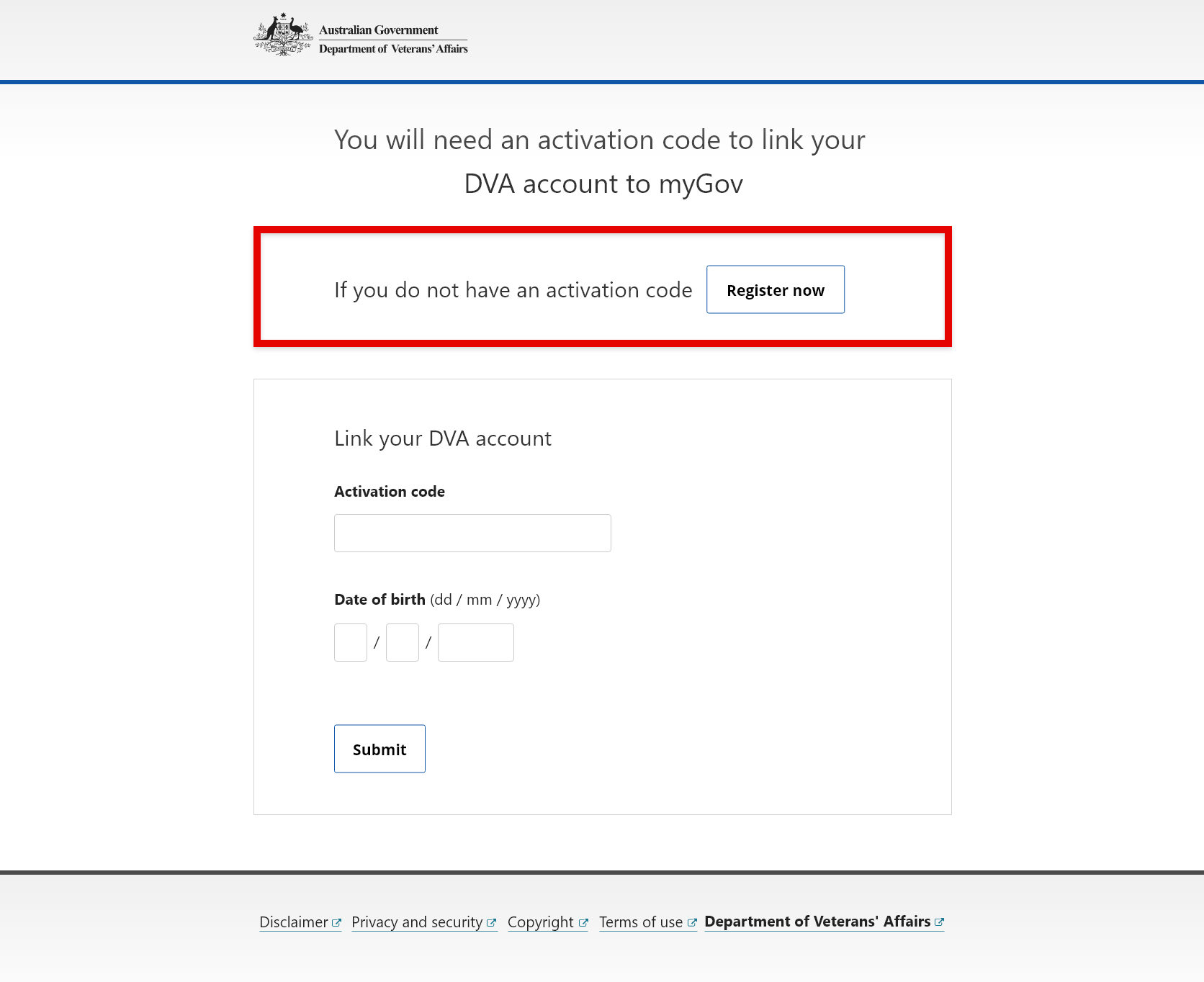 Screenshot to show how to select 'Register now'.