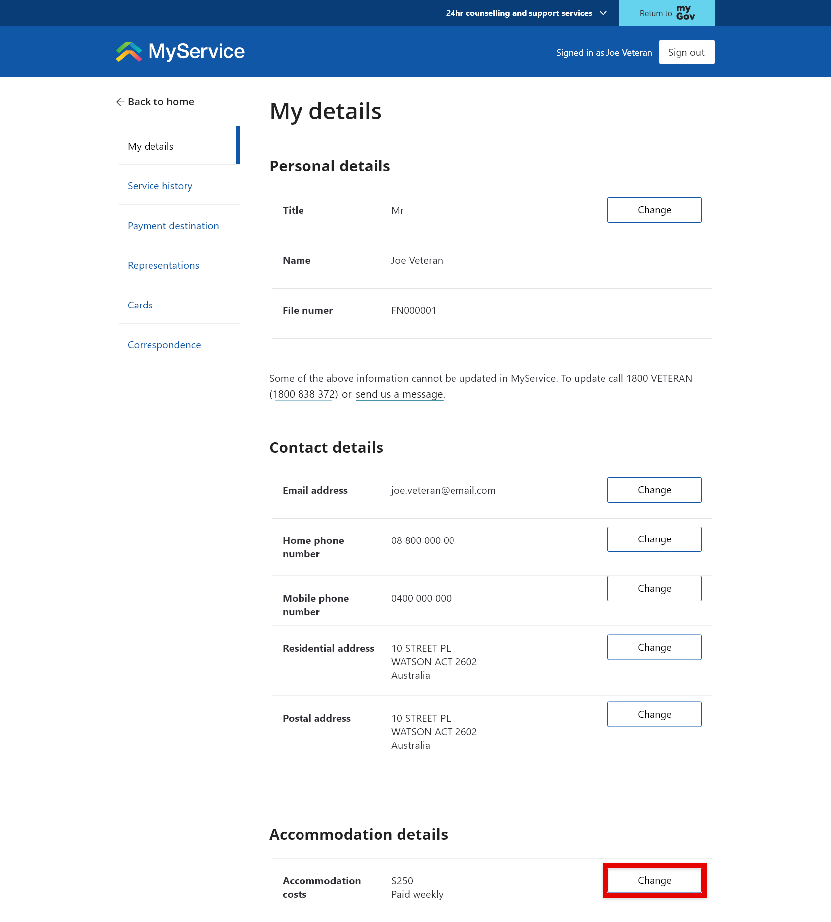 'My details' screen. Change button shown.