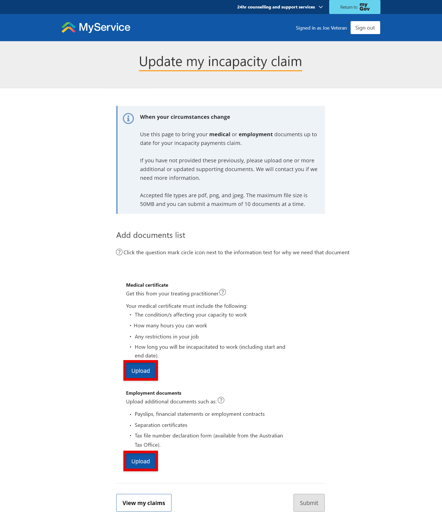 'Update my incapacity claim' screen with upload options.