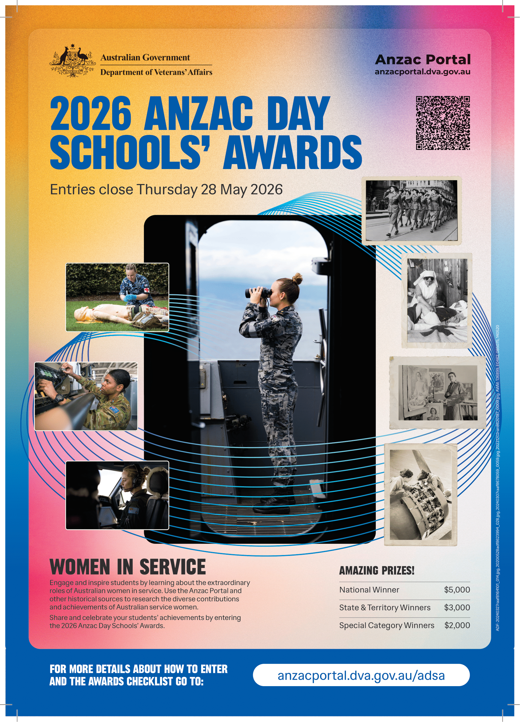 The poster for the 2026 Anzac Day Schools’ Awards, highlighting the theme ‘Women in Service’.