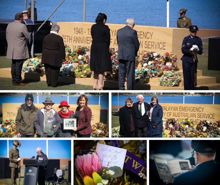 A collage of images featuring veteran community members at a commemorative service.