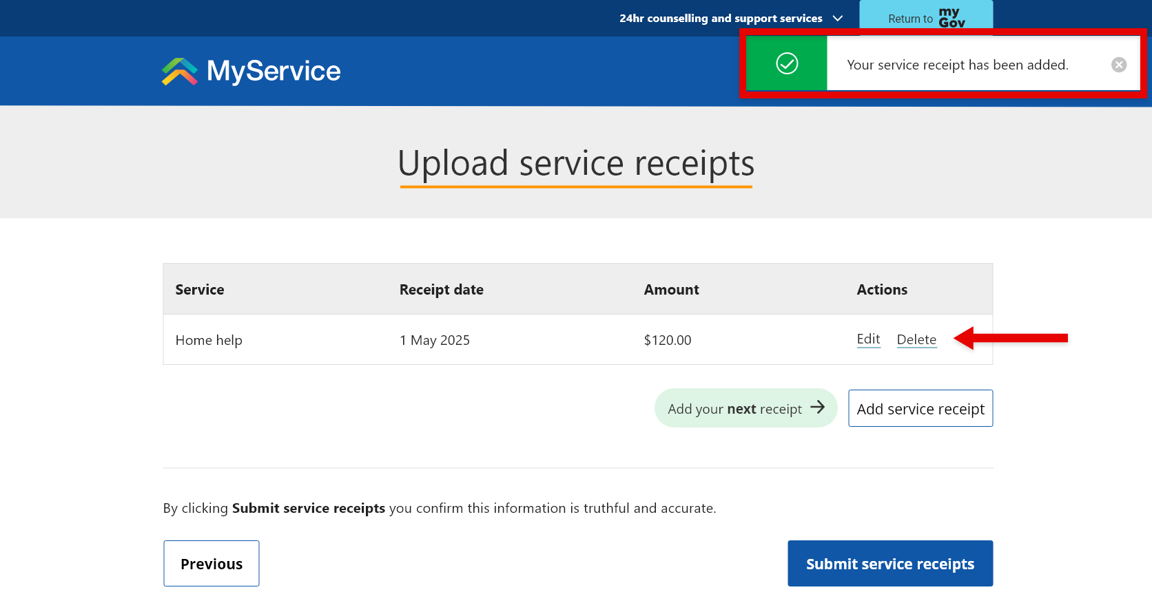 'Upload service receipts' screen. Showing the Delete link.