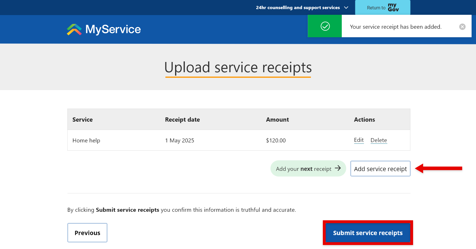 Screenshot to show how to 'Add service receipt' from the 'Upload service receipts' page.