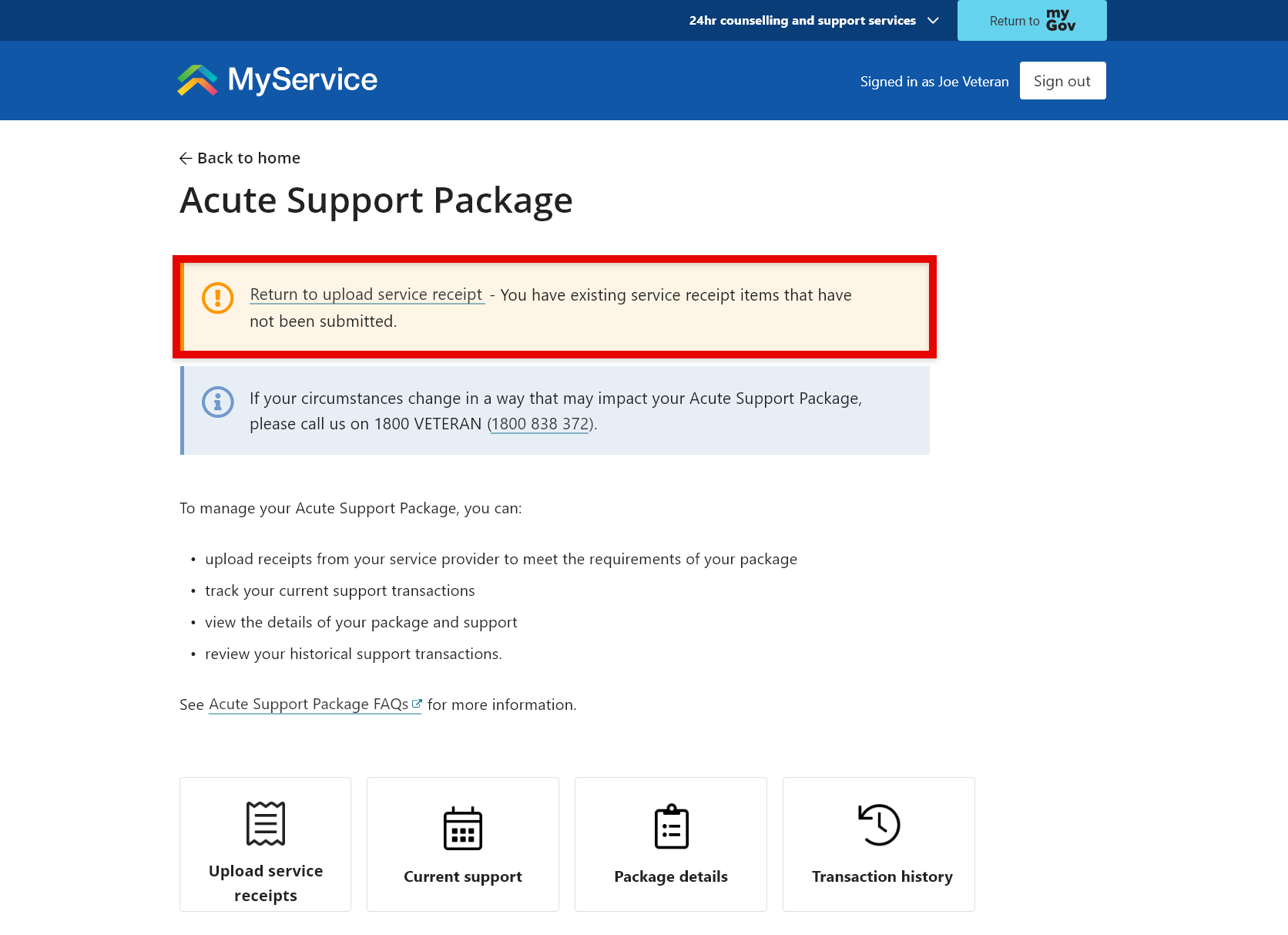 'Acute Support Package' screen.