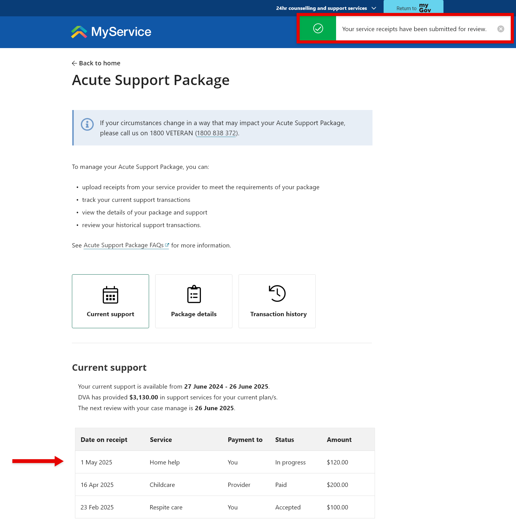 Acute Support Package screen.