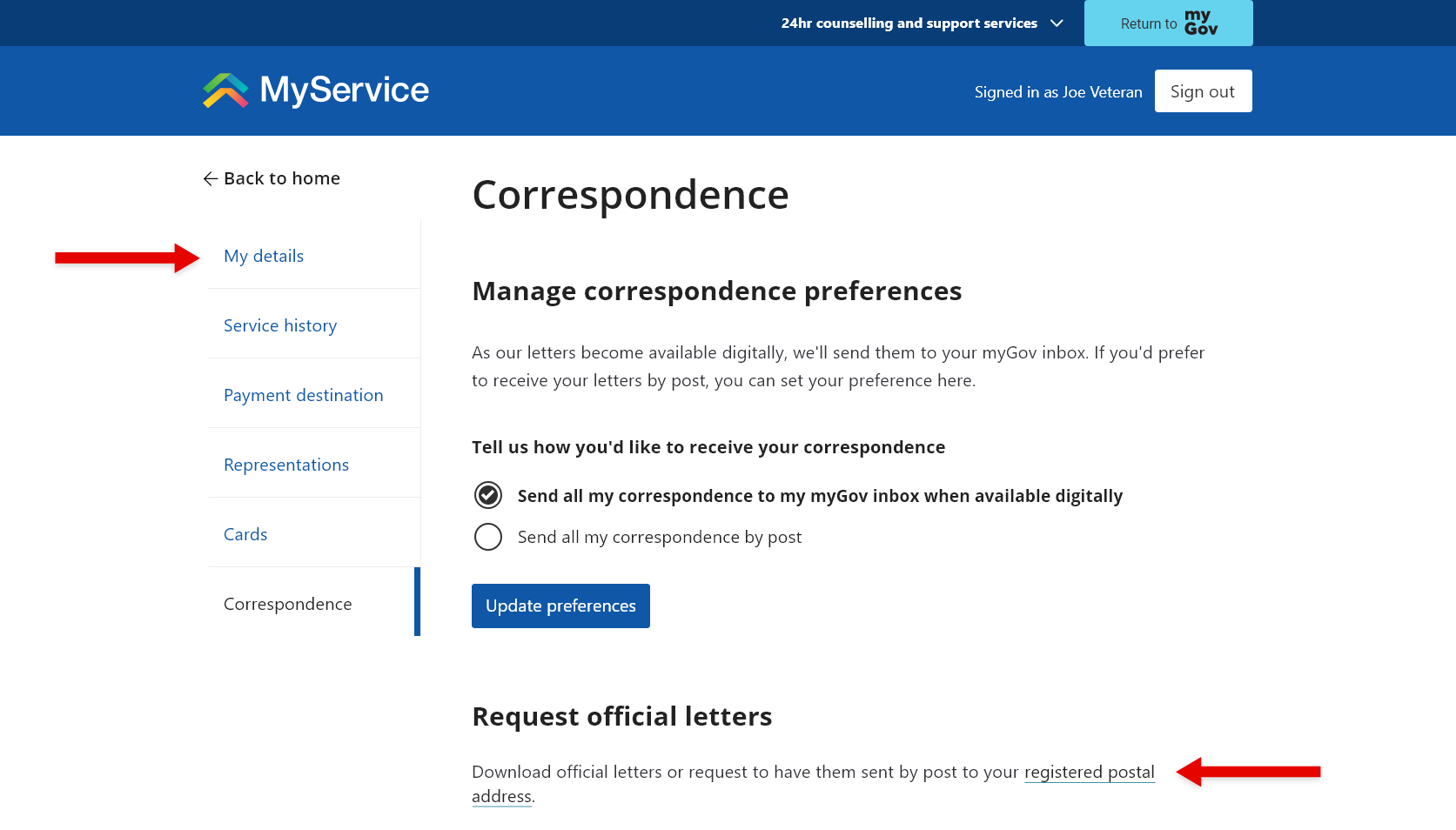 Screenshot illustrating selecting the My details or registered postal address links