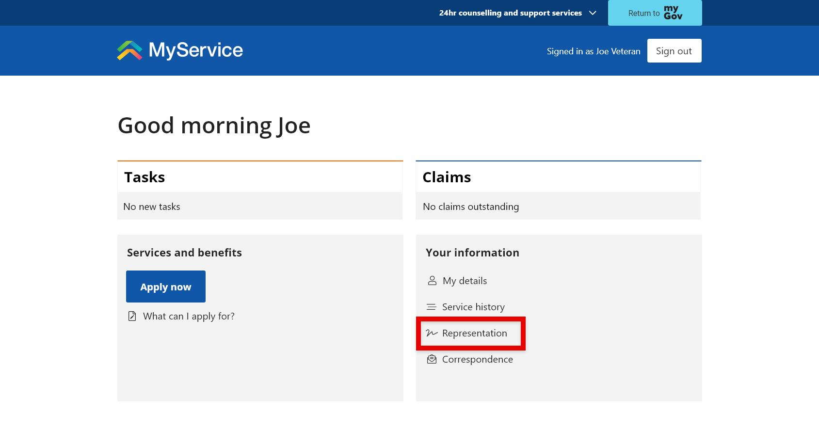 MyService sign in screen. Representation option selected.