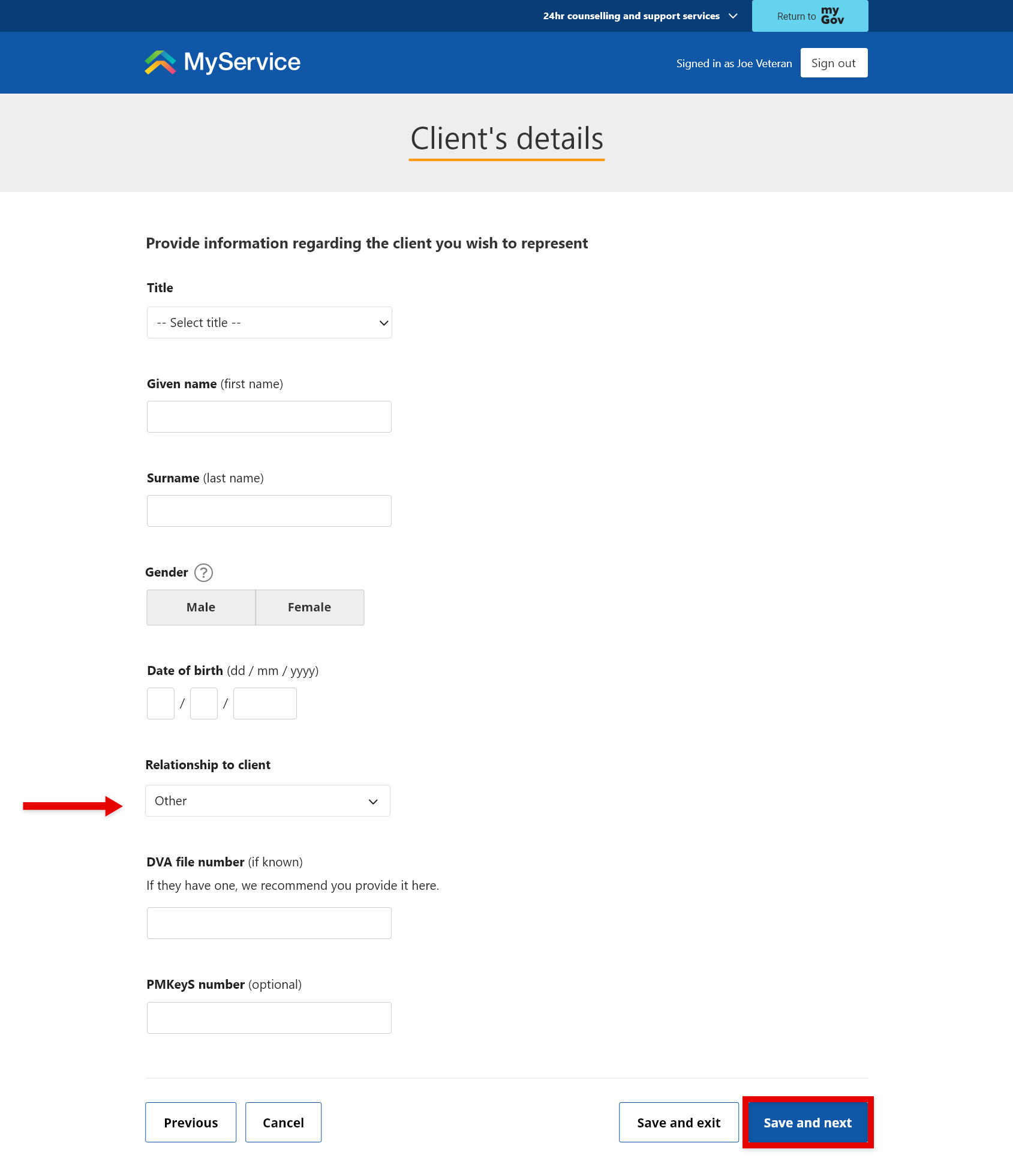 Representation screen. Adding personal details.
