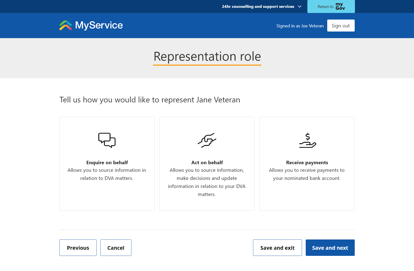 Representation role screen. Showing options.