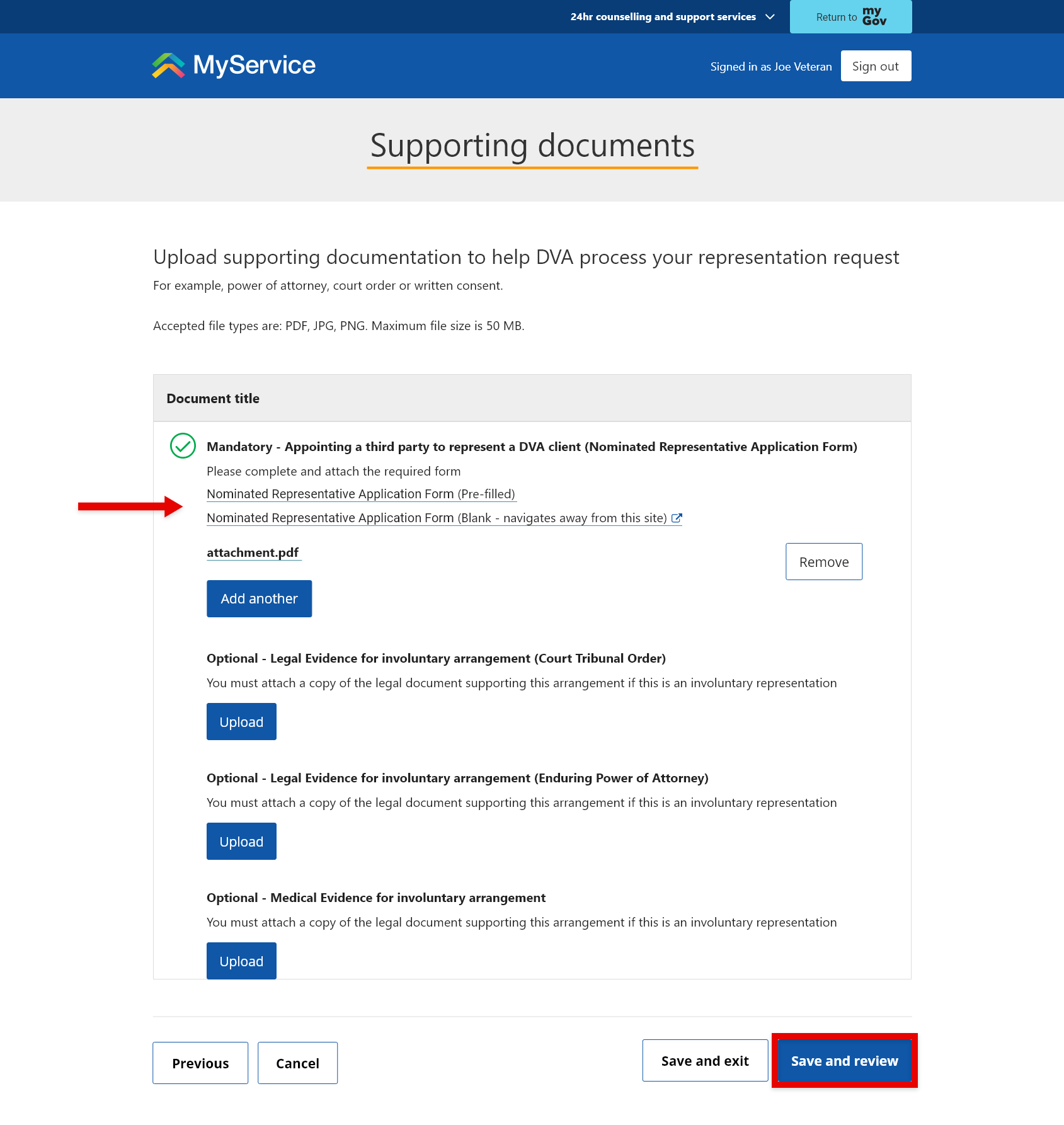 Supporting documents screen. Save and review link selected.