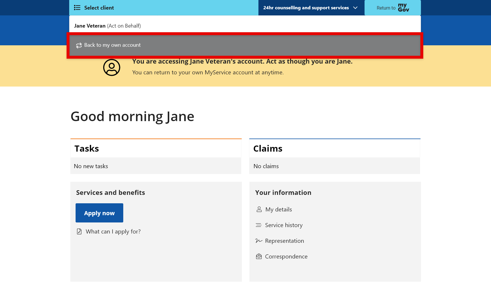 Access MyService as a representative last screen
