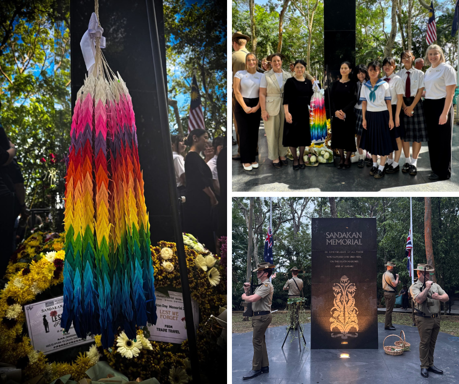Images of origami cranes, Japanese students and Australian soldiers on Sandakan Memorial Day
