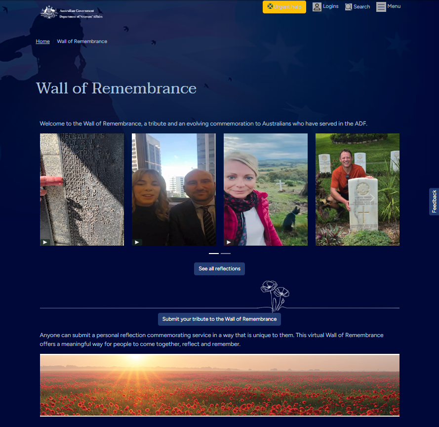 A screenshot of DVA's Wall of Remembrance webpage