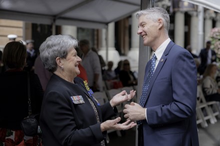 Archdeacon Andrew Nixon with Meg Green AM at the War Widows Day 2025 commemorative service in Sydney