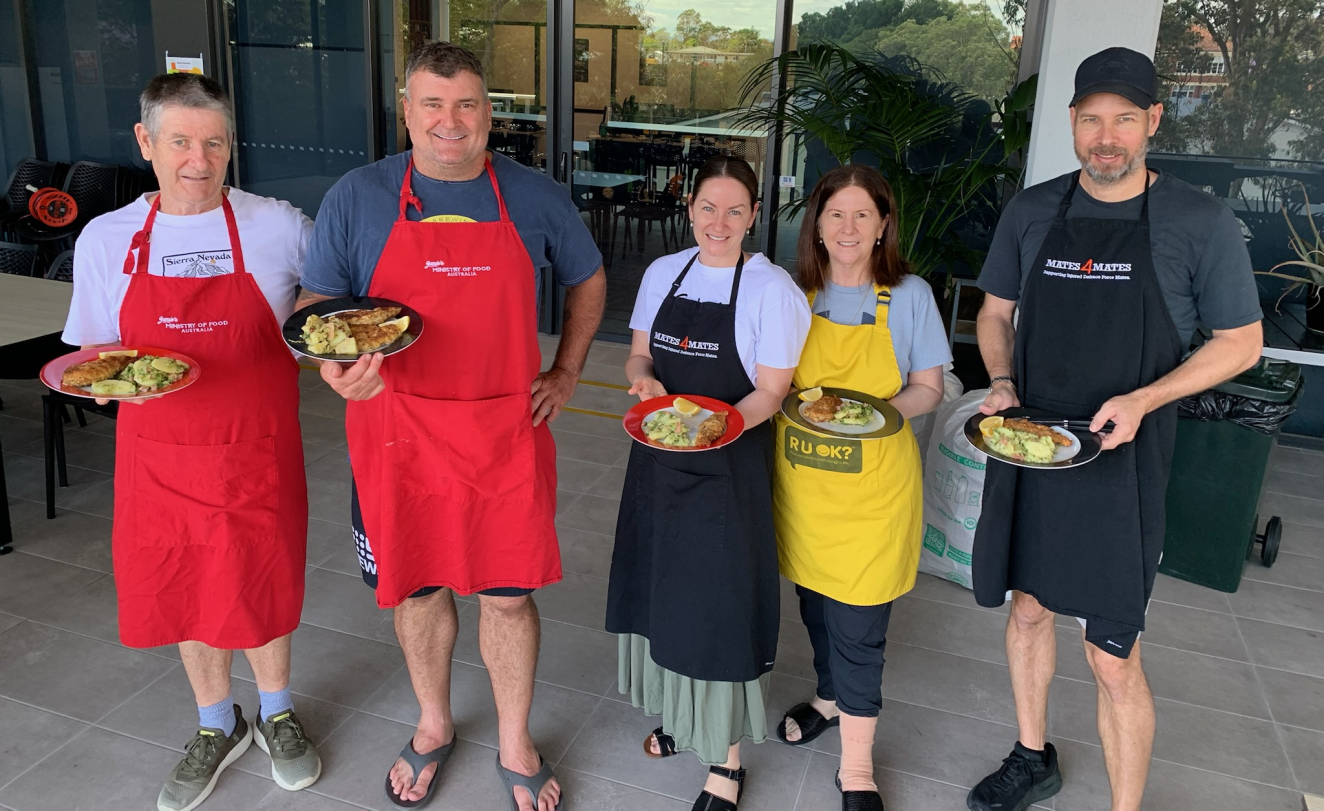 L to R: Andy McCulloch, Aaron Davies, Rebecca Peall, Lu McCulloch and Troy Peall attending the Veteran Cooking Class at the RSL Queensland Veteran and Family Wellbeing Centre in Brisbane