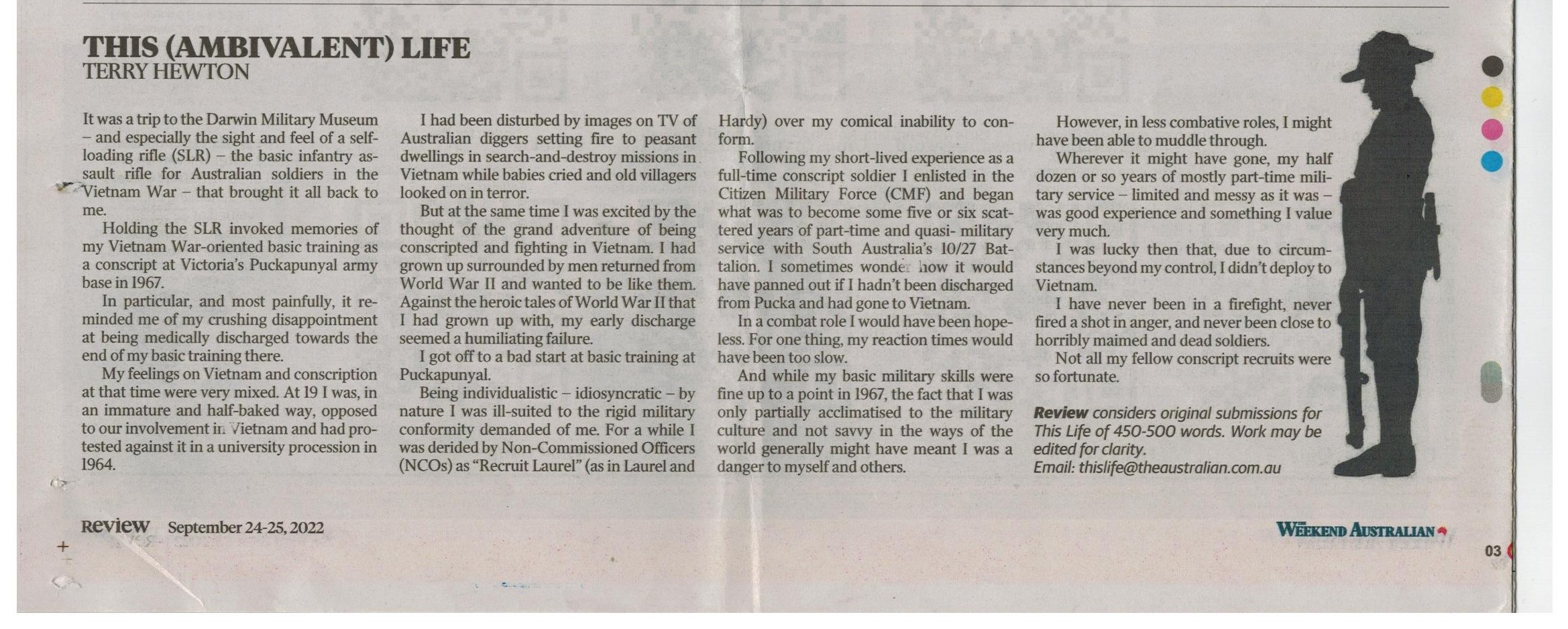 Newspaper article featuring personal reflection from National Service.