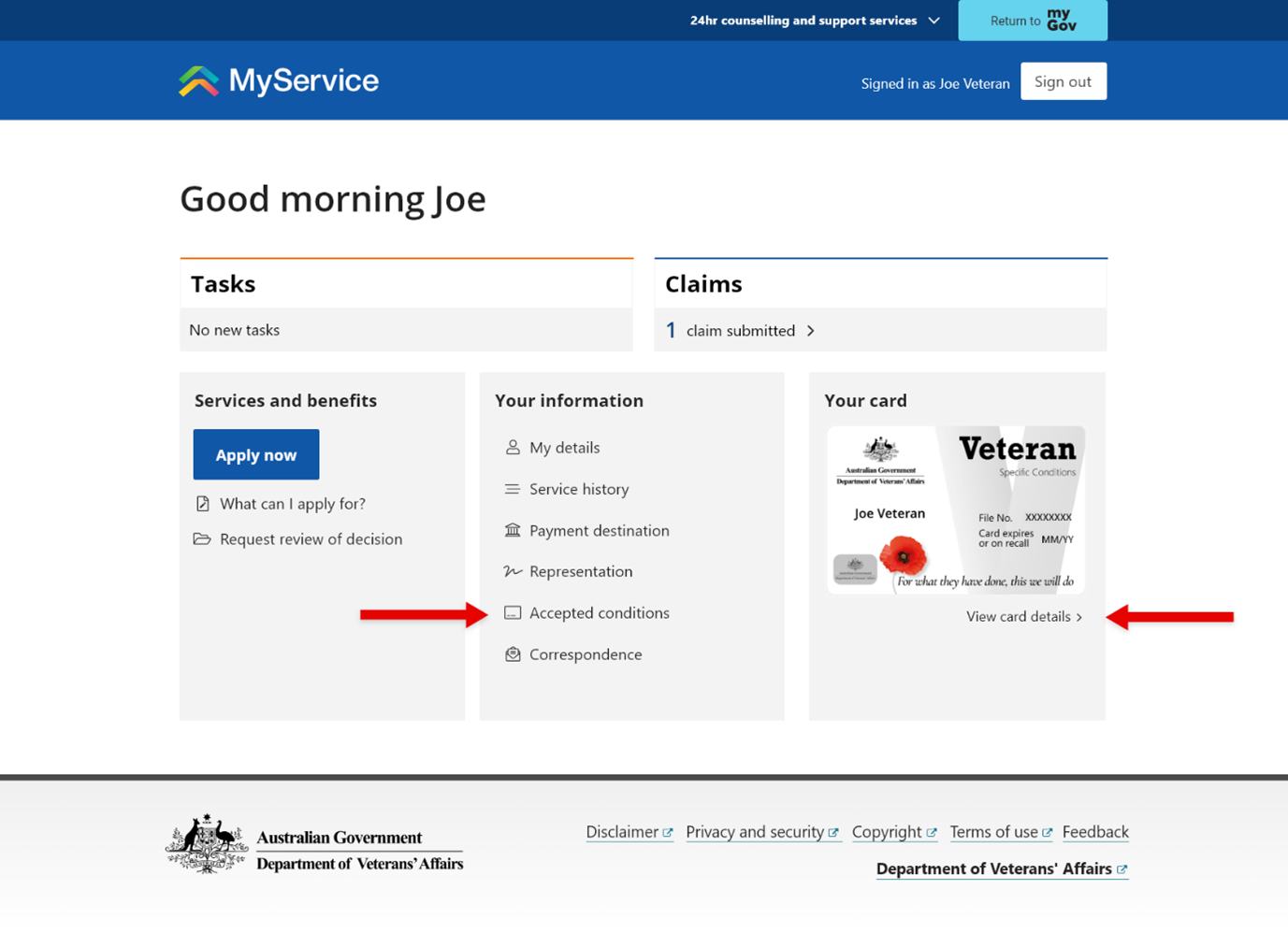 MyService dashboard after logging in
