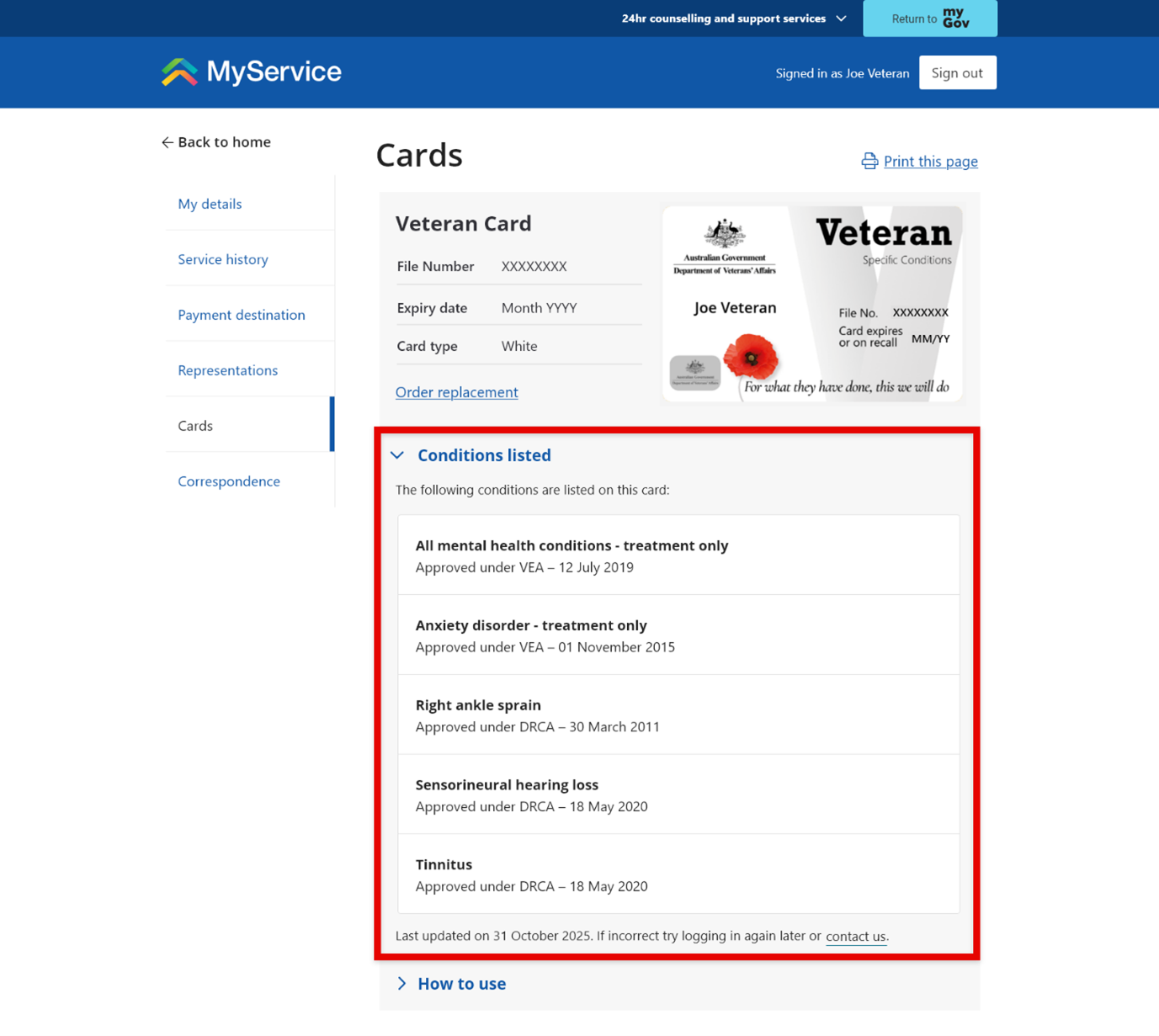 Conditions listed for a Veteran Card on MyService