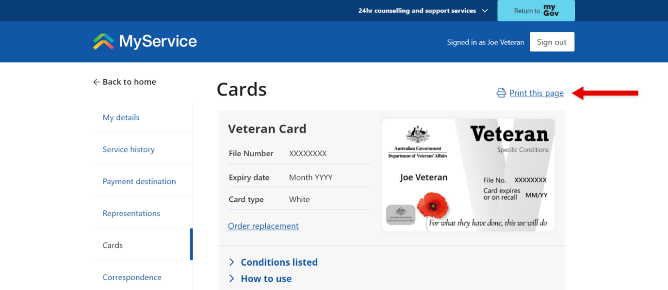 Print this page for Veteran Card on MyService
