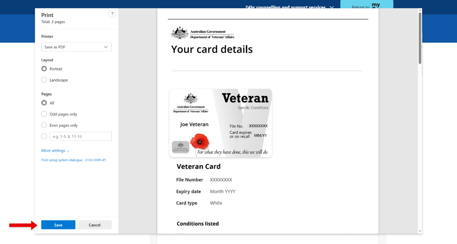 Save button to print a Veteran Card on MyService