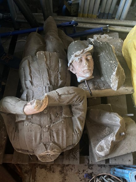 Broken pieces of the Digger statue from the Manly War Memorial 
