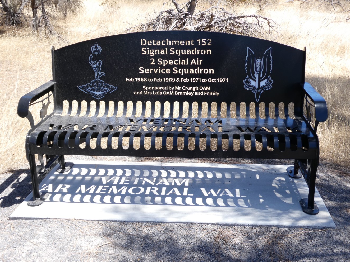 A commemorative bench along the Vietnam War Memorial Walk in SA's Yorke Peninsula