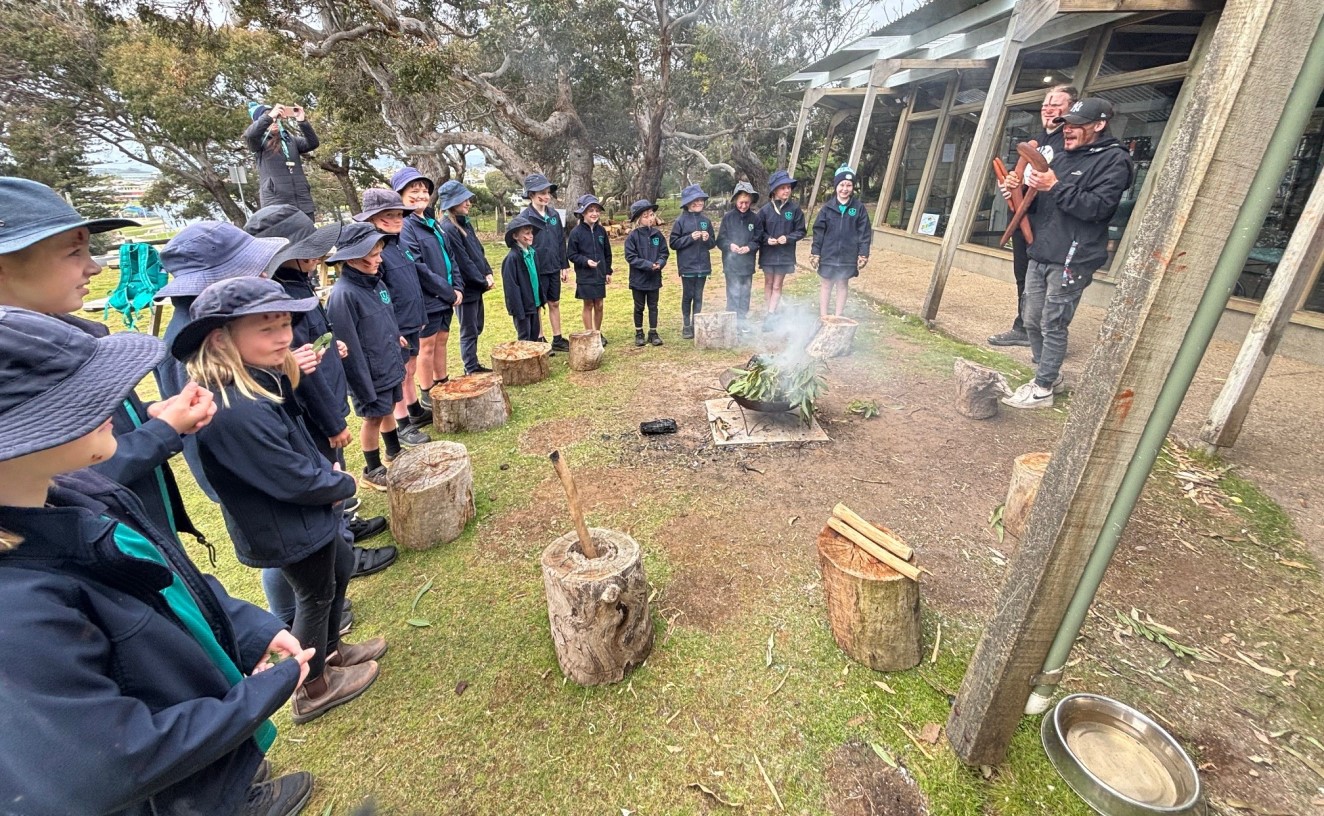 Riana Primary School visiting Tiagarra Cultural Centre in Devonport