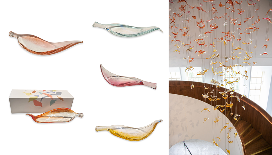 A collage of Quiet Skies glass leaves