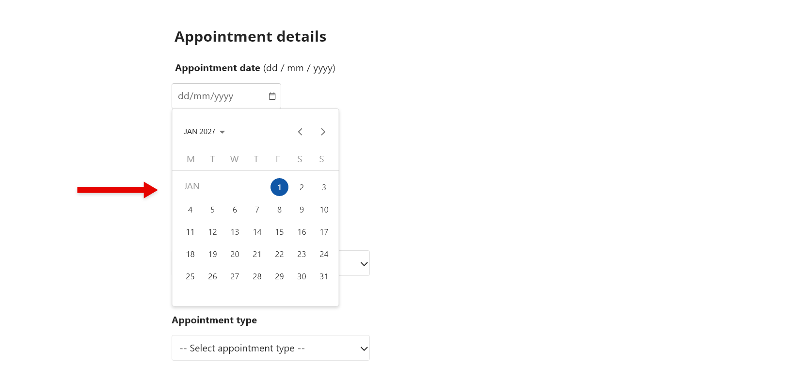 Screenshot of MyService 'Claim travel expense' screen, highlighting the 'Appointment date' field and the date-picker calendar