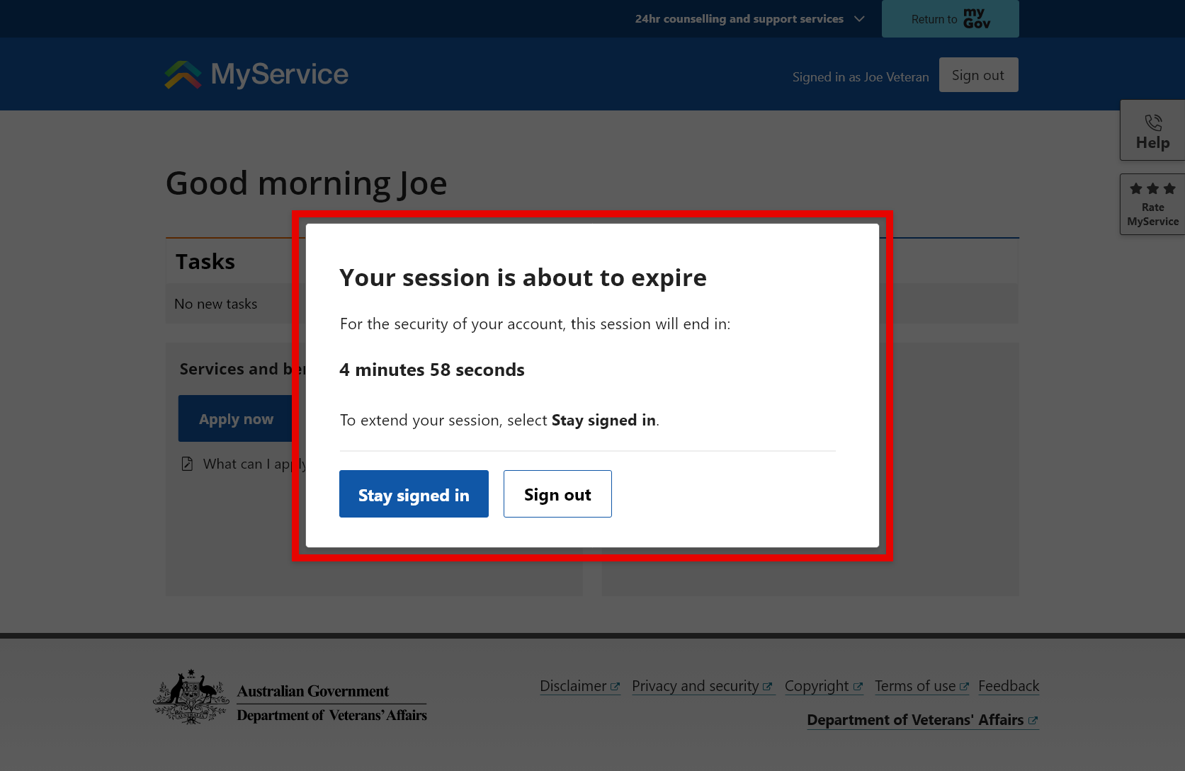 Screenshot of MyService homepage with the 'Your session is about to expire' pop-up open. The pop-up states "For the security of your account, this session will end in: 4 minutes 58 seconds. To extend your session, select 'Stay signed in'. Two button options are available: 'Stay signed in' and 'Sign out'.