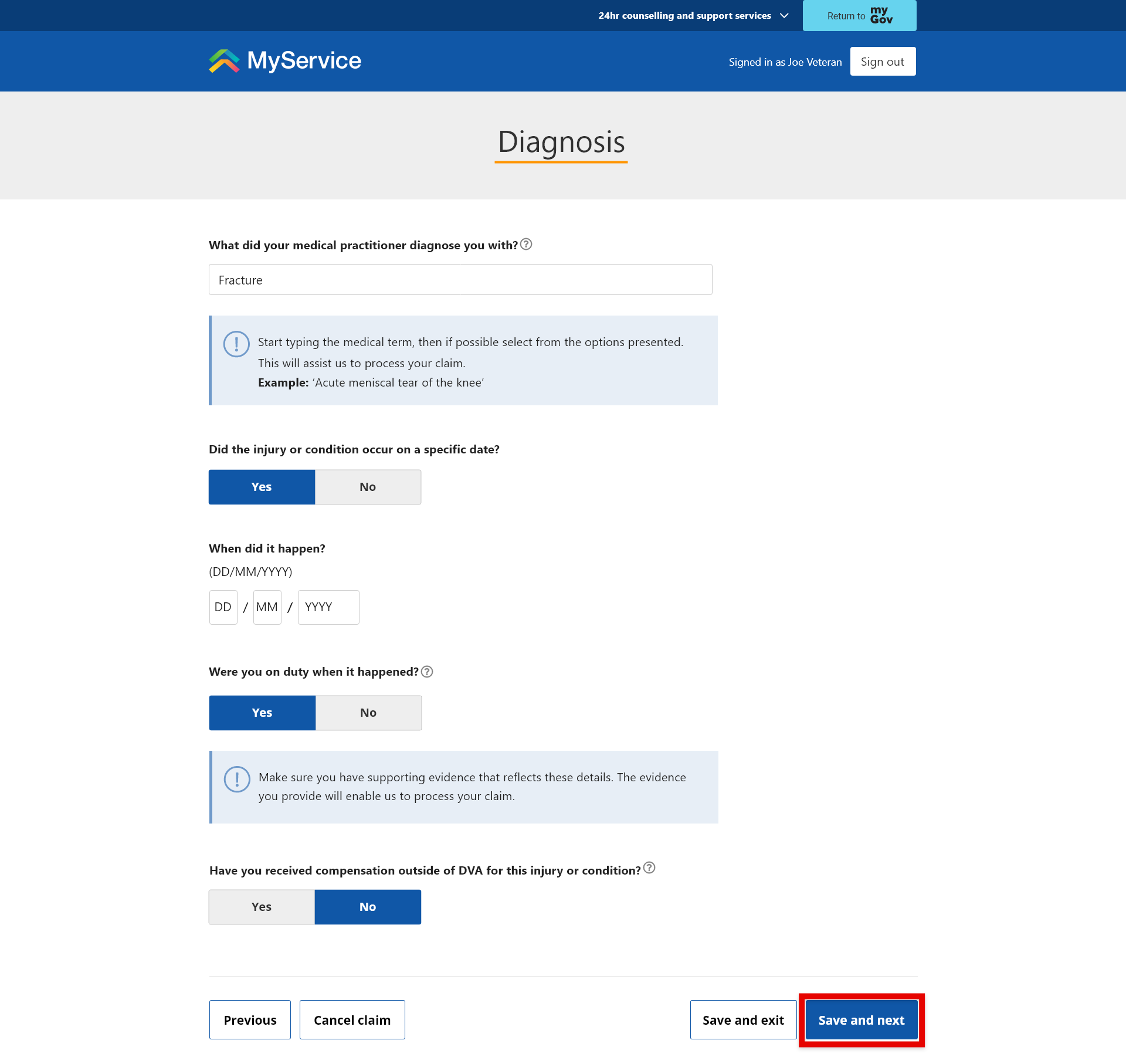 Step - 2 - Provide claim details - Diagnosis