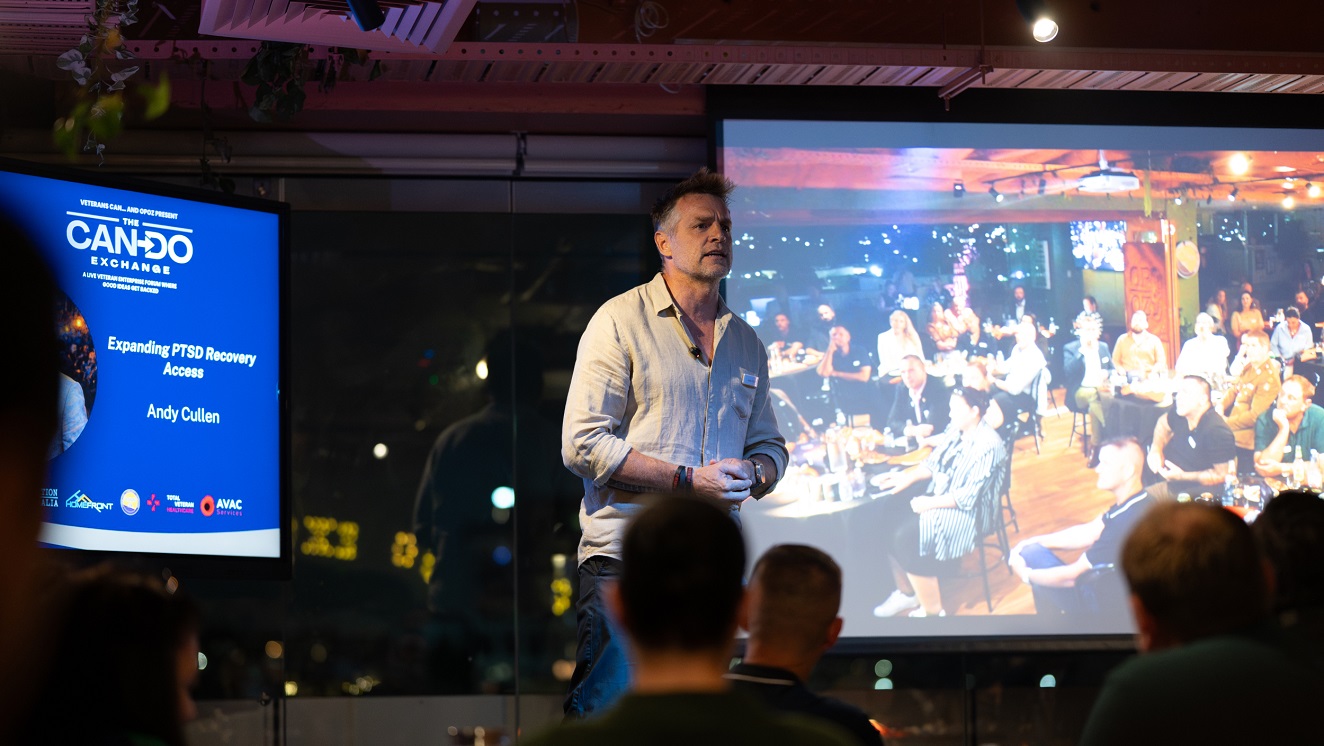 Andy Cullen, CEO of PTSD Resurrected, making a (successful) pitch for the first Australian “Veterans Can... Deliver” enablement grant at a Veterans Can-Do Exchange program event in Brisbane.