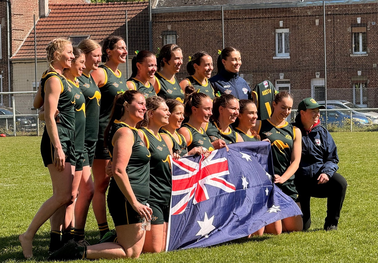 The “Australian Spirit” Aussie Rules women’s team competing during Anzac Day 2026 commemorations in France.