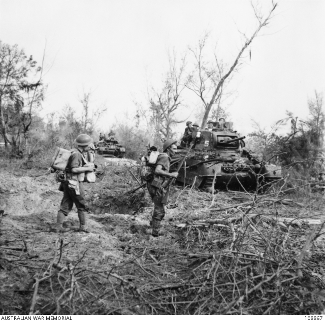 Australian Matilda tanks on the move on Labuan Island, North Borneo, June 1945. (AWM 108867)