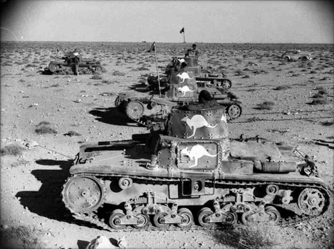 The 6th Australian Division Cavalry Regiment near Tobruk in Fiat-Ansaldo medium tanks captured from the Italians at Bardia.