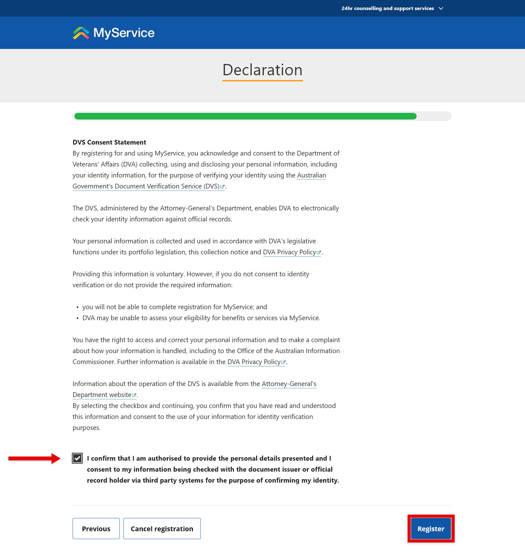 An example image of the declaration page throughout the myservice registration process