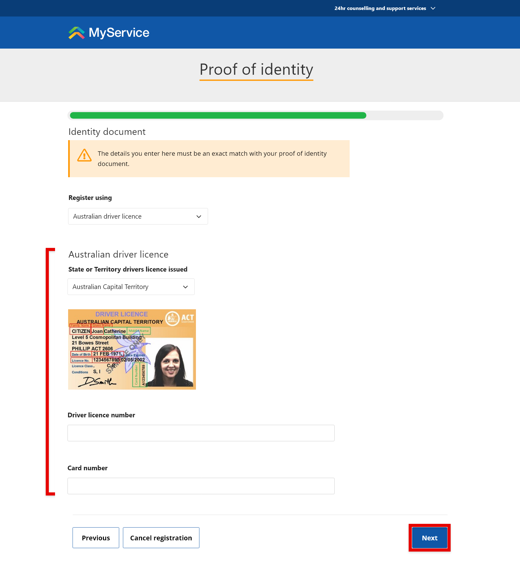Example of the proof of identity page showing a person's licence