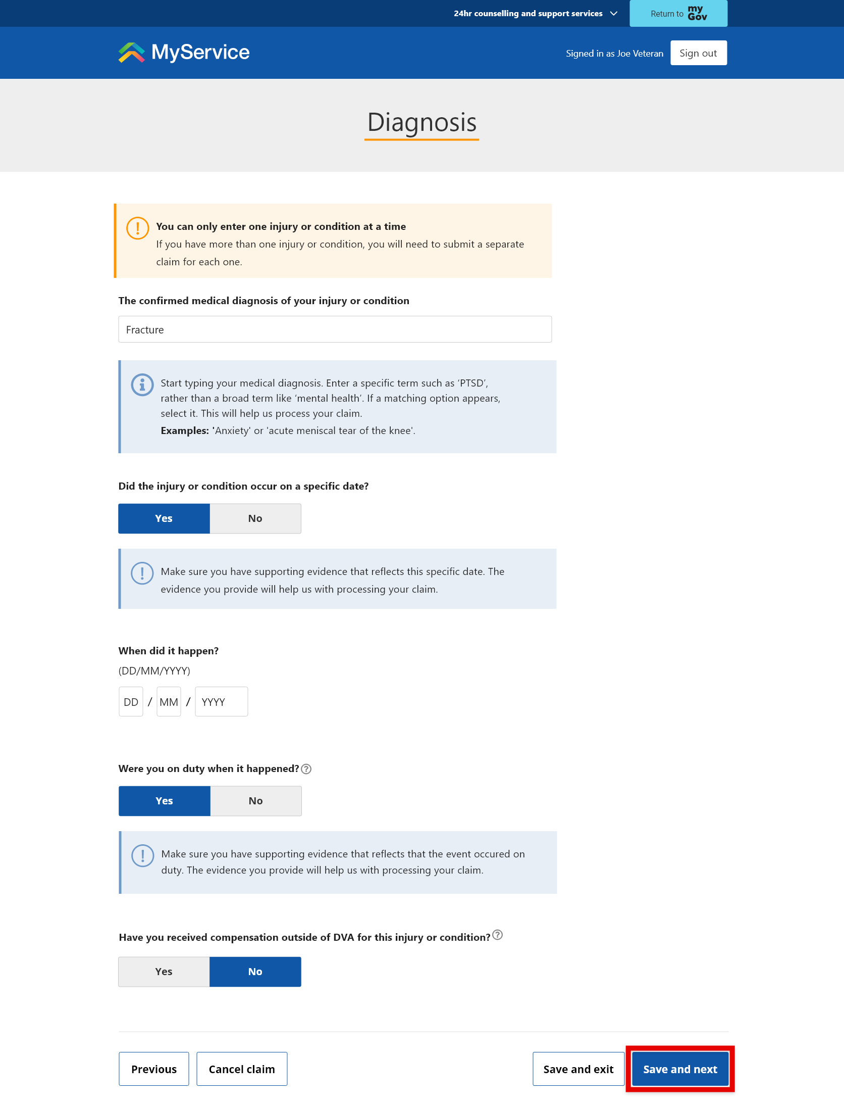Step 2 enter diagnosis example