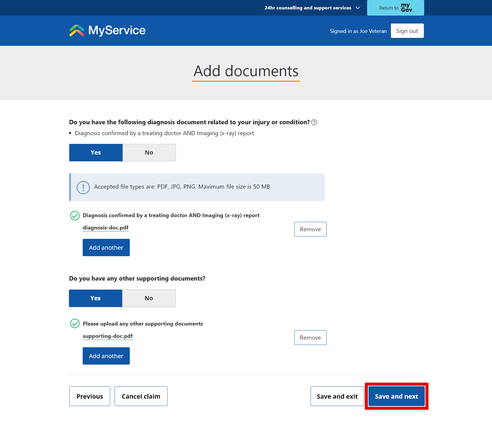 step 2 upload medical evidence screen