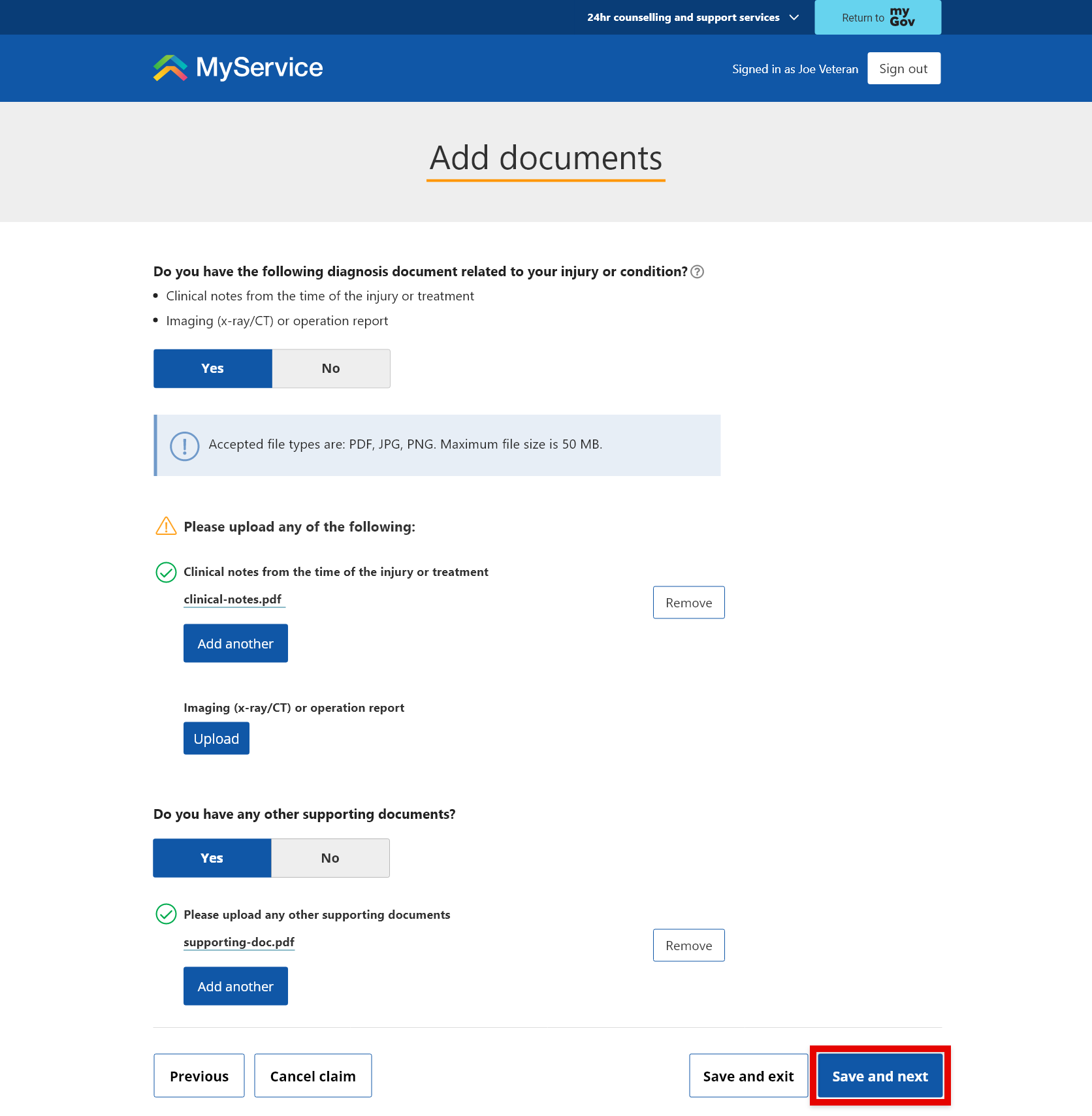 Step 2 - Provide claim details - upload your medical evidence - add documents